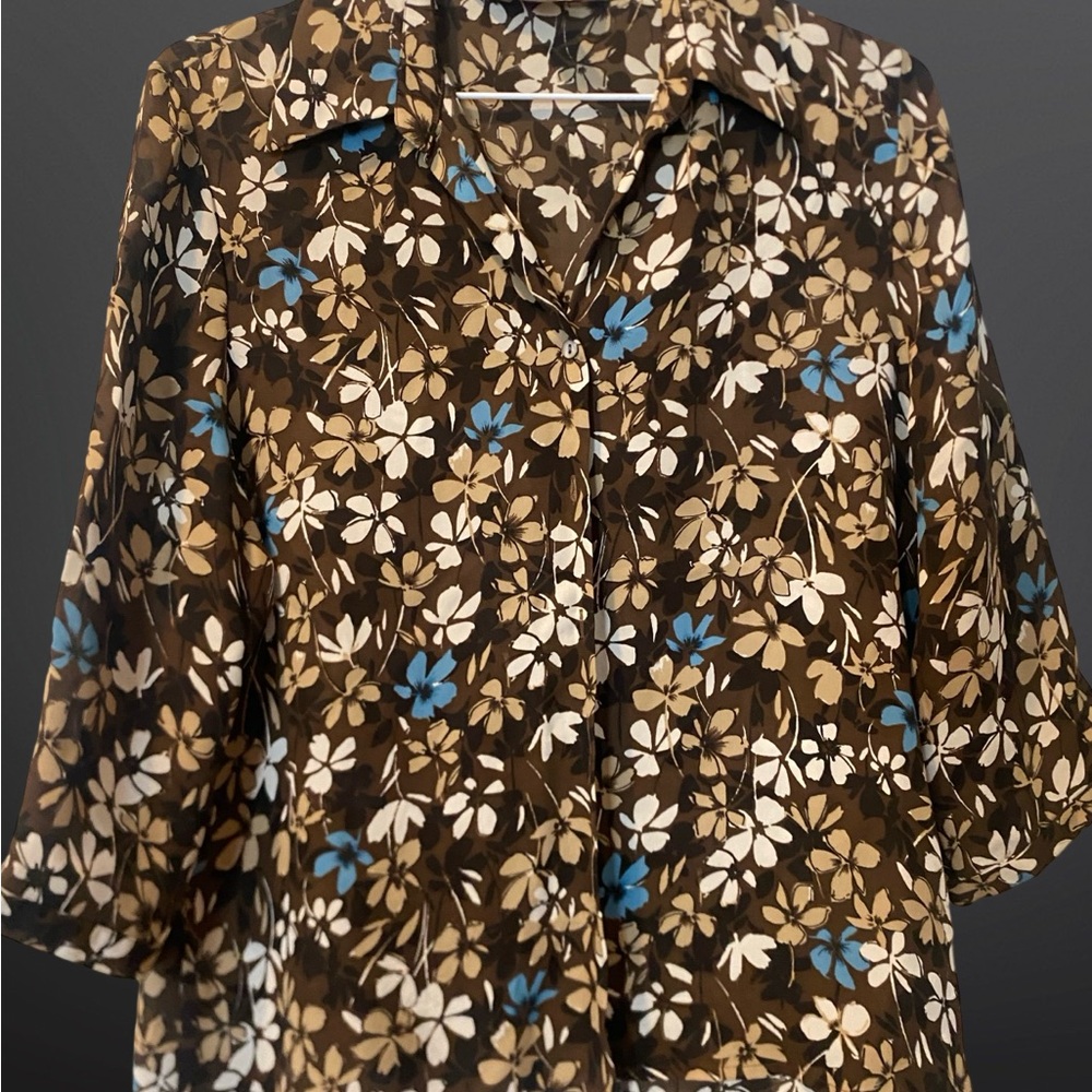 Petite Sophisticate Blue and Brown 3/4 Sleeve Boxy Blouse with Notched Collar